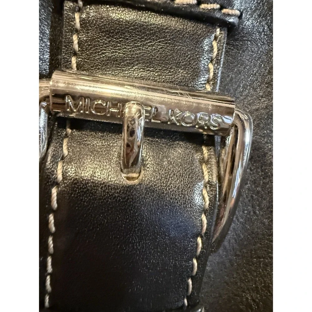 Michael Kors Black Leather Satchel Top Handle Bag Silver Hardware A-0807